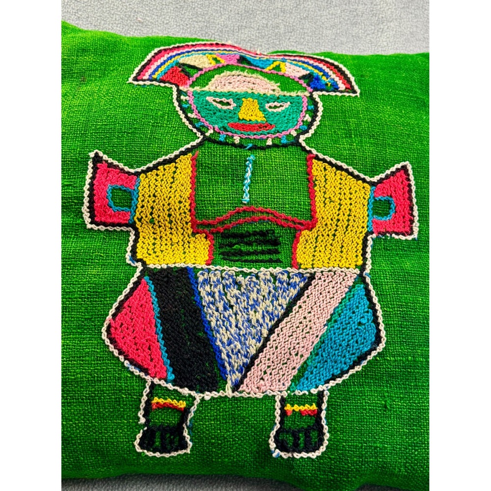 Vintage Peruvian Folk Art Embroidered Wool Pillow Green Andean Figure 13x13